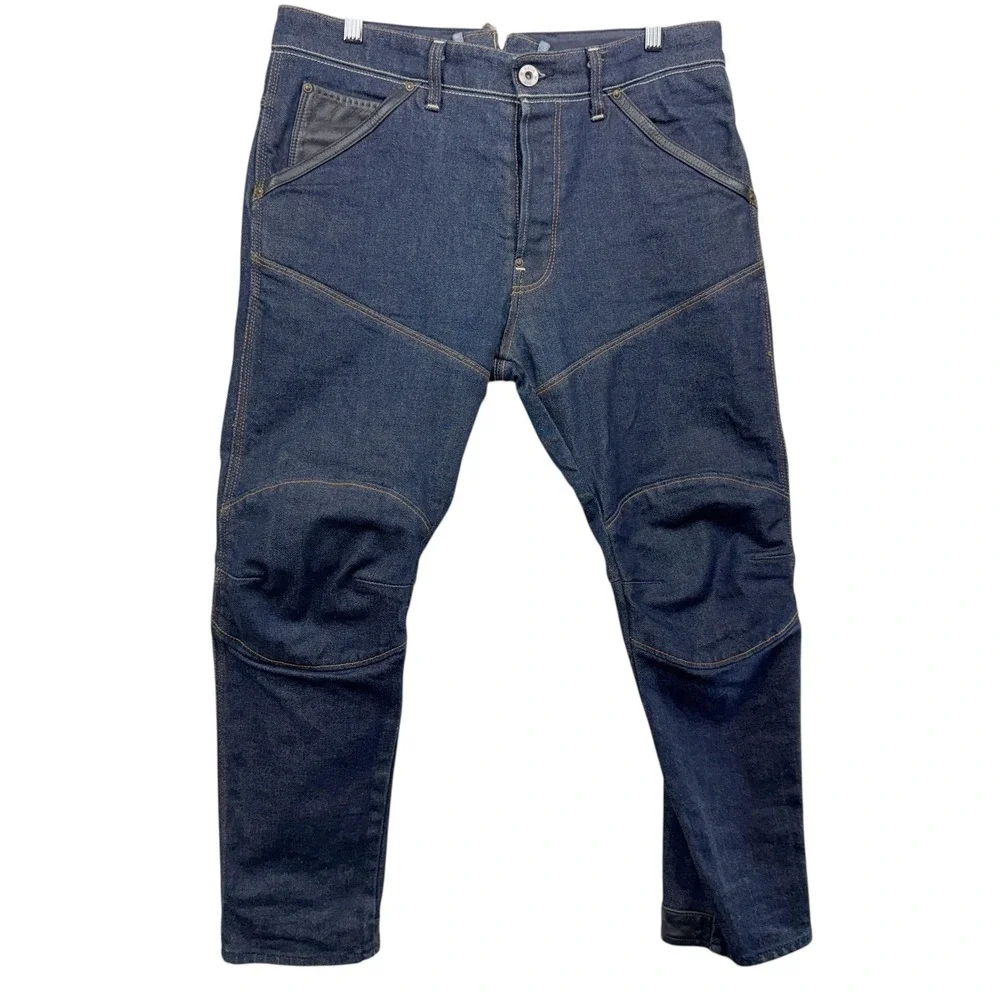 G Star Raw 30 Y Jeans Dark Wash Moto Double Knee Leather Trim Men's Size‎ 32x28